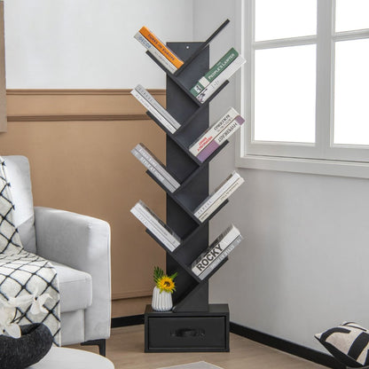 10-Stöckiges Baum-Bücherregal Mit Schublade Bodenstehendes Lagerregal Schwarz
