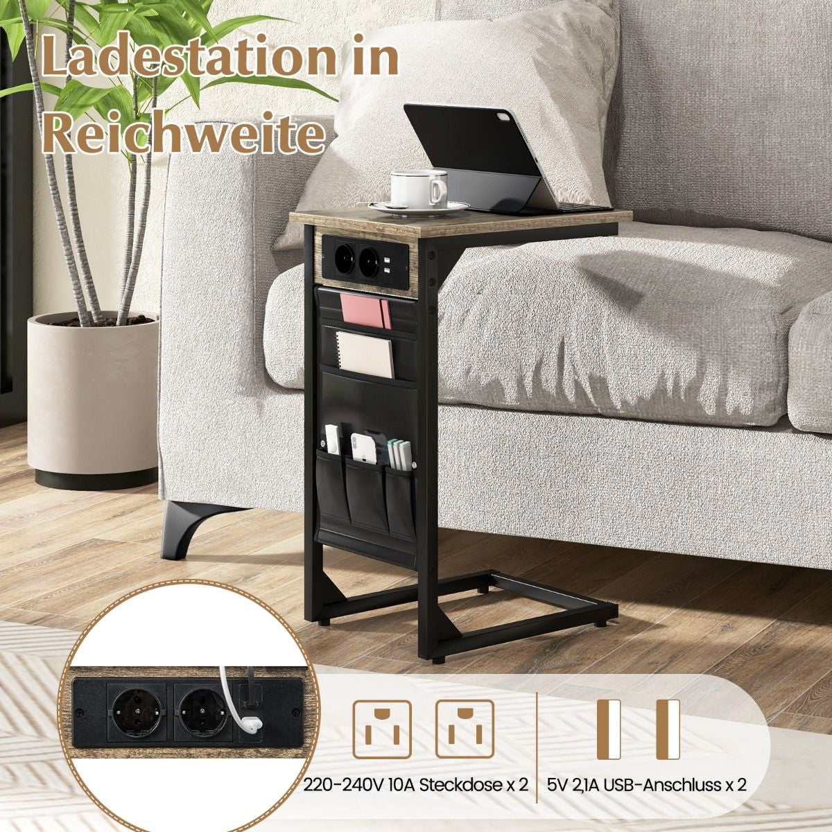 2Er Set C-Förmiger Beistelltisch Mit Ladestation & USB Anschlüssen & Seitentasche Nachttisch