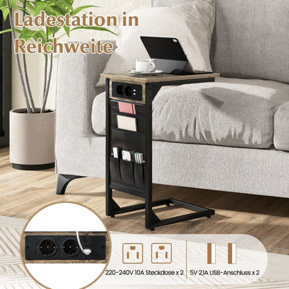 2Er Set C-Förmiger Beistelltisch Mit Ladestation & USB Anschlüssen & Seitentasche Nachttisch