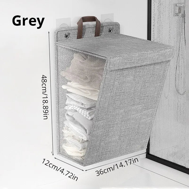 1Pc Foldable Adhesive Laundry Basket Hamper, Multifunctional Punch Free Wall Hanging Washing Clothes Mesh Hook Organizer