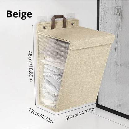 1Pc Foldable Adhesive Laundry Basket Hamper, Multifunctional Punch Free Wall Hanging Washing Clothes Mesh Hook Organizer