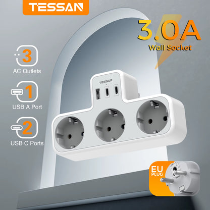 3 Way Wall Socket with USB Surge Protection 6-In-1 Wall Plug Adapter with 3 USB Ports for Smartphone Laptop Camera Travel