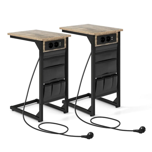 2Er Set C-Förmiger Beistelltisch Mit Ladestation & USB Anschlüssen & Seitentasche Nachttisch