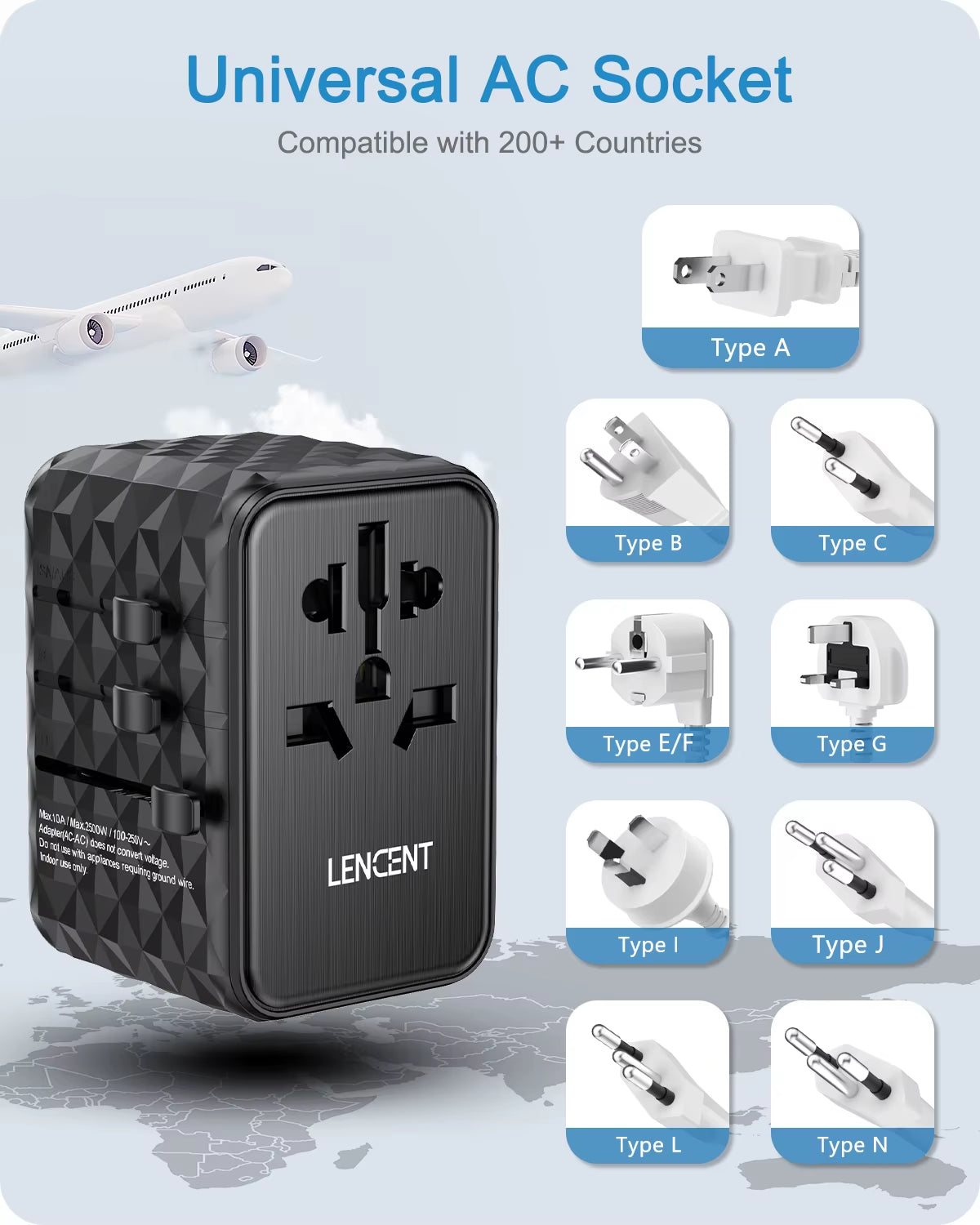 65W Gan Universal Travel Adapter with 2 USB 3 Type C Fast Charging All-In-One Travel Charger EU/UK/USA/AUS for Travel