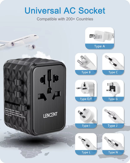 65W Gan Universal Travel Adapter with 2 USB 3 Type C Fast Charging All-In-One Travel Charger EU/UK/USA/AUS for Travel