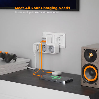 3 Way Wall Socket with USB Surge Protection 6-In-1 Wall Plug Adapter with 3 USB Ports for Smartphone Laptop Camera Travel