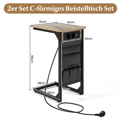 2Er Set C-Förmiger Beistelltisch Mit Ladestation & USB Anschlüssen & Seitentasche Nachttisch