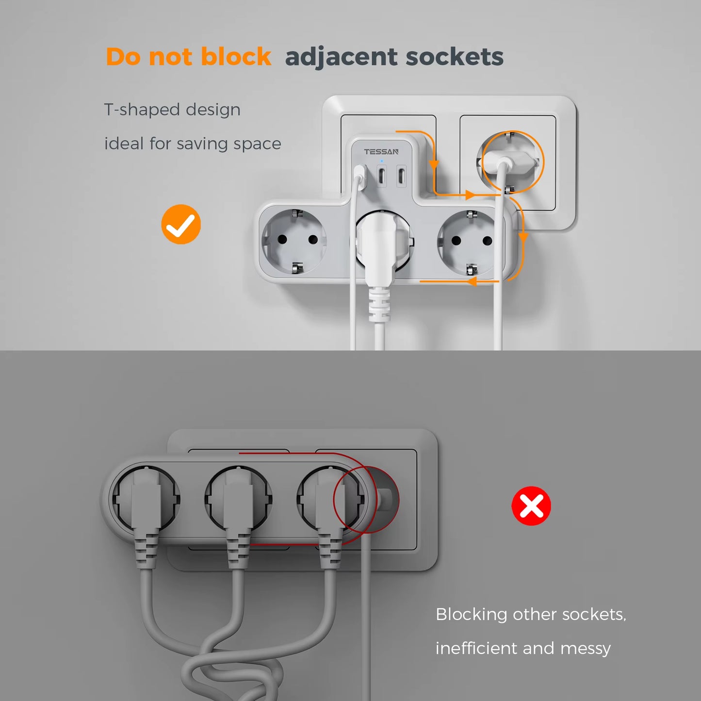 3 Way Wall Socket with USB Surge Protection 6-In-1 Wall Plug Adapter with 3 USB Ports for Smartphone Laptop Camera Travel