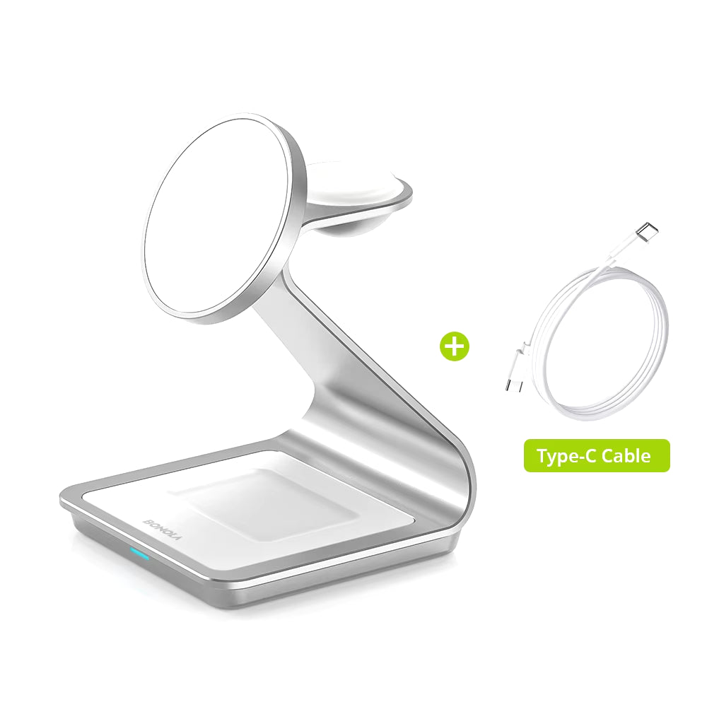 Magnetische 3-in-1 Wireless Ladestation 30W – MagSafe Ladegerät für iPhone, Apple Watch & AirPods, Schnellladegerät aus Aluminium mit USB-C