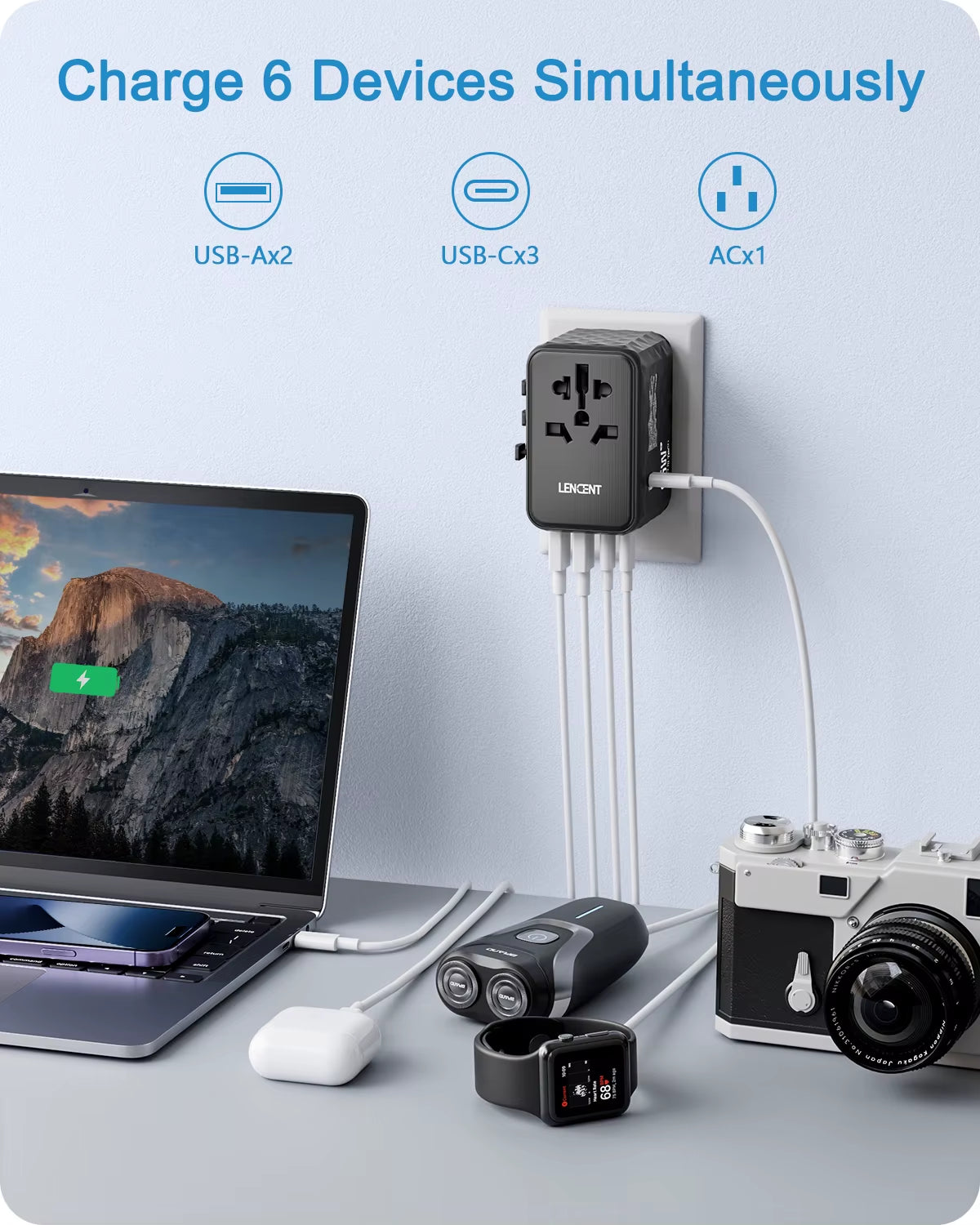65W Gan Universal Travel Adapter with 2 USB 3 Type C Fast Charging All-In-One Travel Charger EU/UK/USA/AUS for Travel