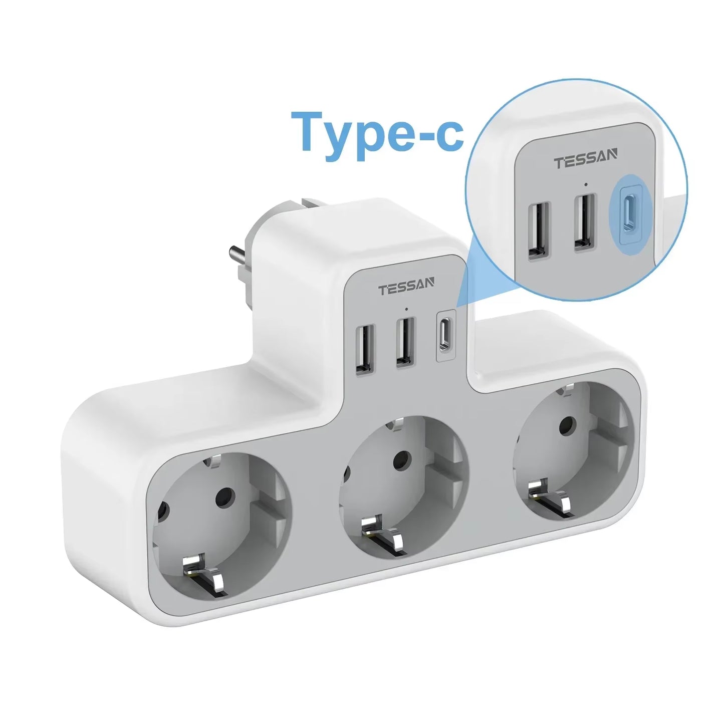 3 Way Wall Socket with USB Surge Protection 6-In-1 Wall Plug Adapter with 3 USB Ports for Smartphone Laptop Camera Travel