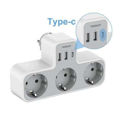 3 Way Wall Socket with USB Surge Protection 6-In-1 Wall Plug Adapter with 3 USB Ports for Smartphone Laptop Camera Travel
