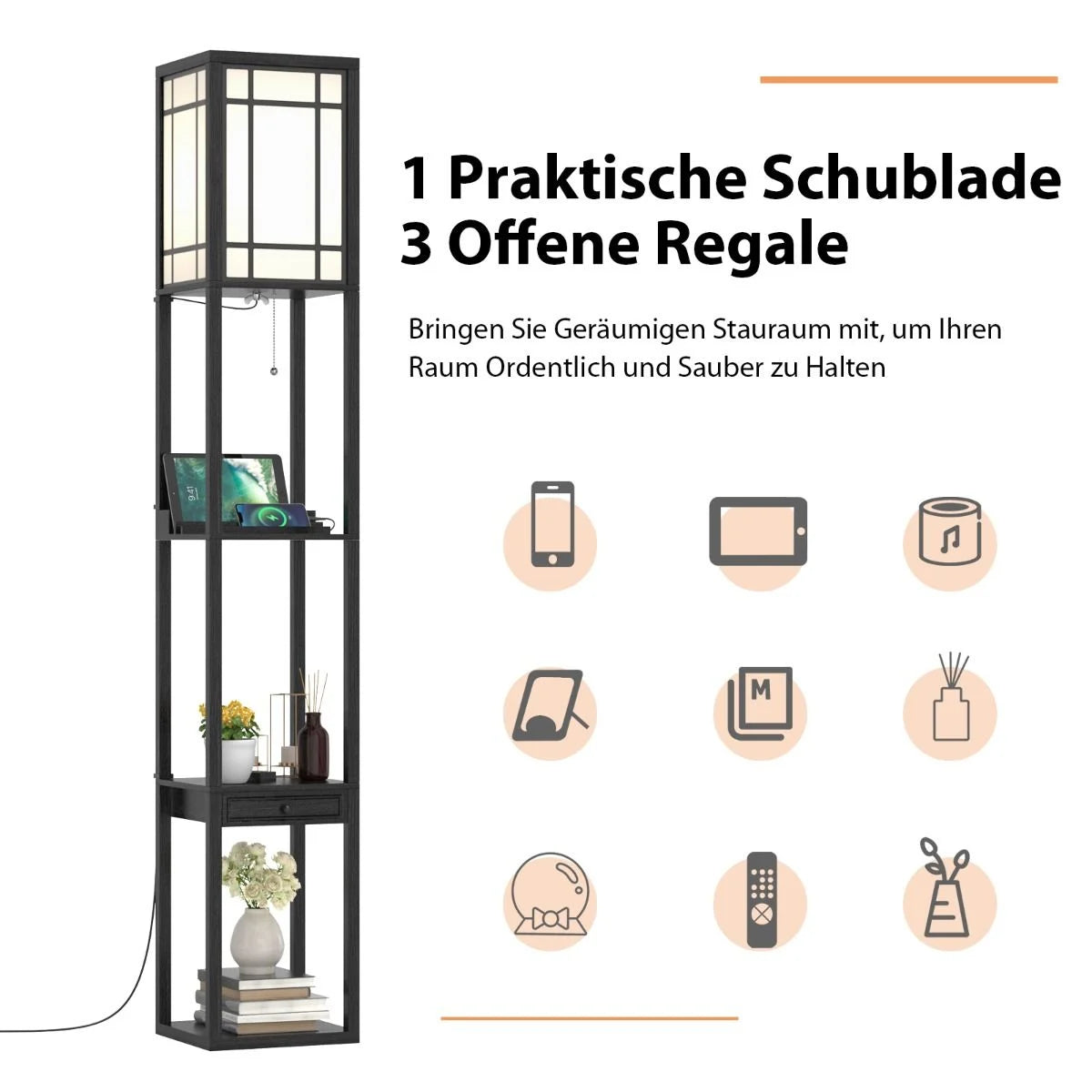 Moderne Regal-Stehlampe Für Wohnzimmer Und Schlafzimmer 26 X 26 X 160,5 Cm Schwarz