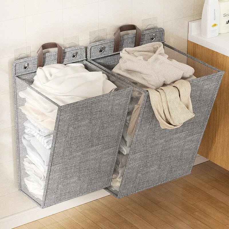 1Pc Foldable Adhesive Laundry Basket Hamper, Multifunctional Punch Free Wall Hanging Washing Clothes Mesh Hook Organizer