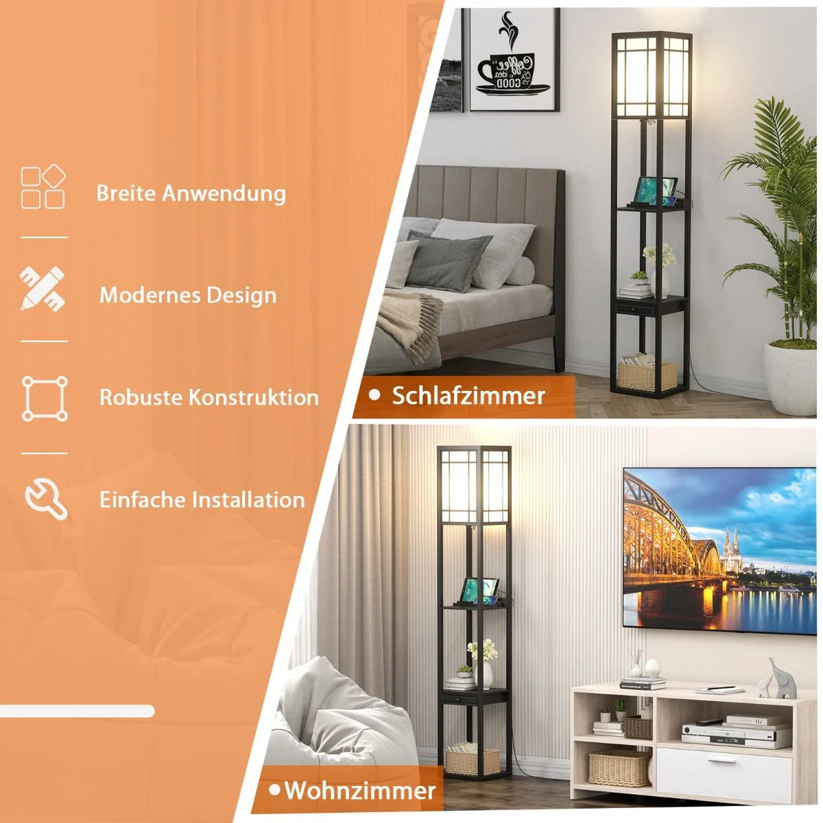 Moderne Regal-Stehlampe Für Wohnzimmer Und Schlafzimmer 26 X 26 X 160,5 Cm Schwarz