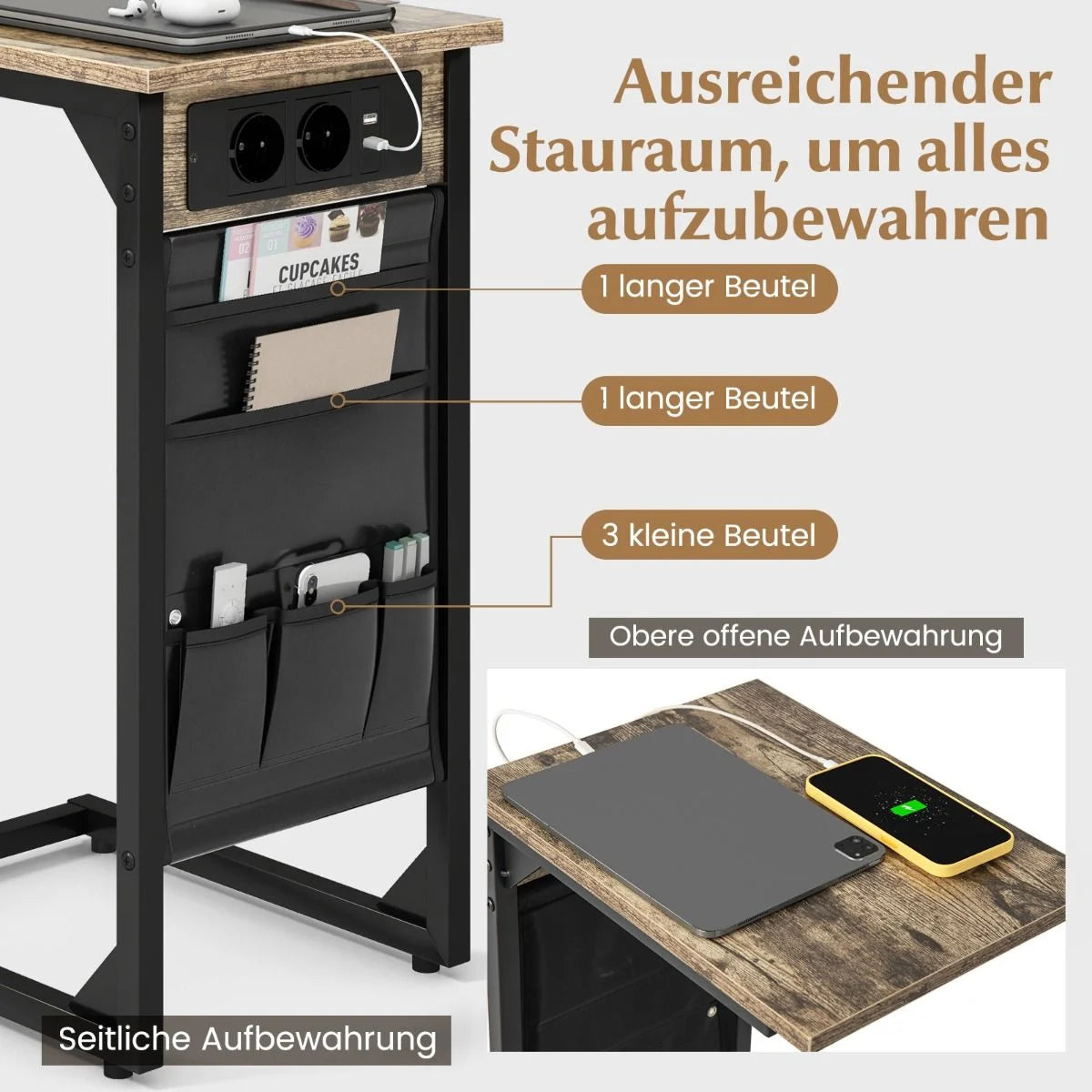 2Er Set C-Förmiger Beistelltisch Mit Ladestation & USB Anschlüssen & Seitentasche Nachttisch