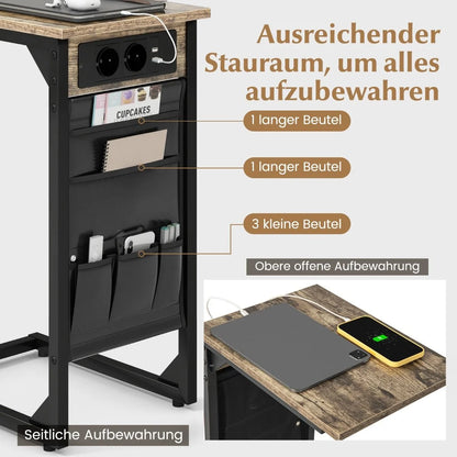 2Er Set C-Förmiger Beistelltisch Mit Ladestation & USB Anschlüssen & Seitentasche Nachttisch