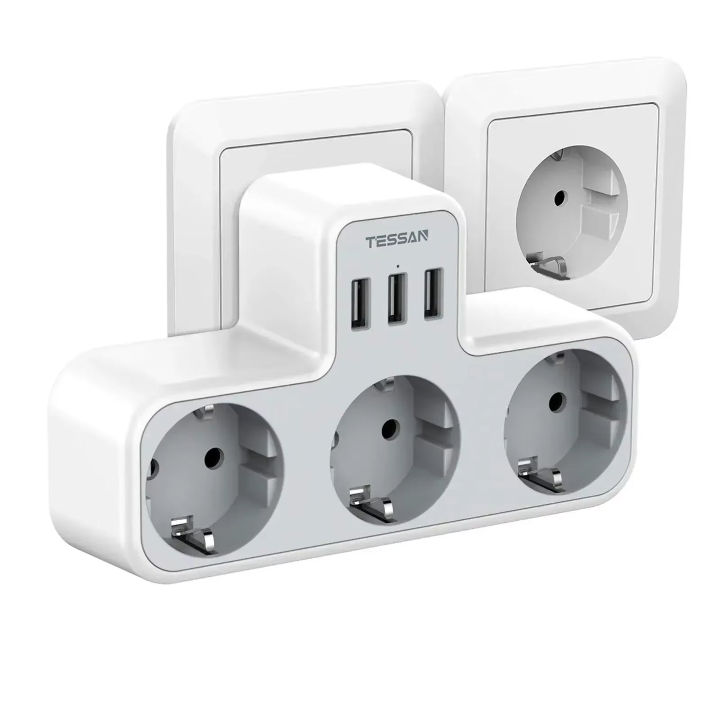 3 Way Wall Socket with USB Surge Protection 6-In-1 Wall Plug Adapter with 3 USB Ports for Smartphone Laptop Camera Travel
