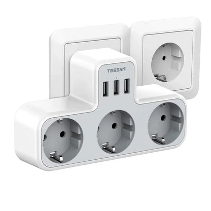 3 Way Wall Socket with USB Surge Protection 6-In-1 Wall Plug Adapter with 3 USB Ports for Smartphone Laptop Camera Travel