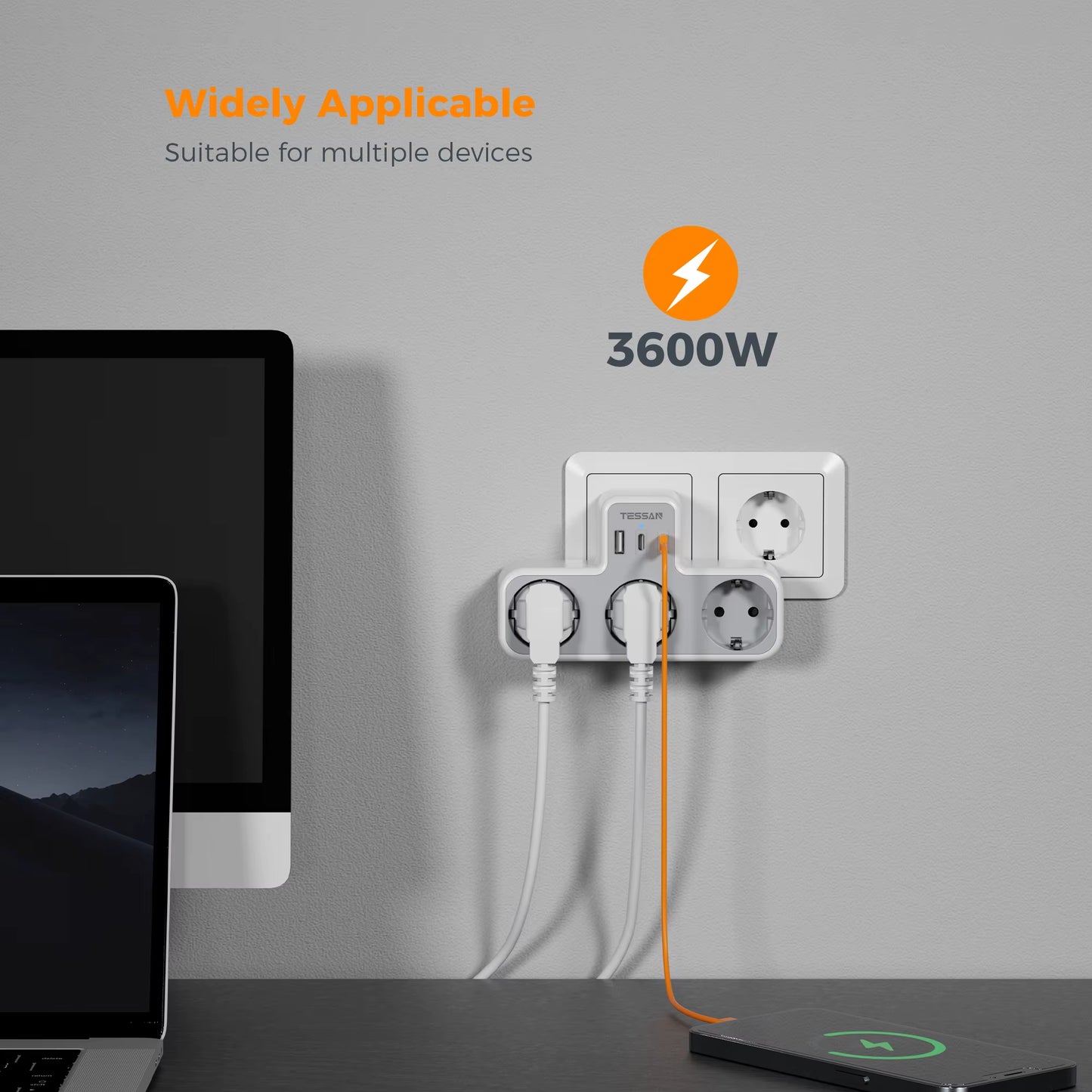 3 Way Wall Socket with USB Surge Protection 6-In-1 Wall Plug Adapter with 3 USB Ports for Smartphone Laptop Camera Travel
