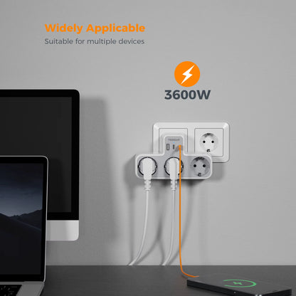 3 Way Wall Socket with USB Surge Protection 6-In-1 Wall Plug Adapter with 3 USB Ports for Smartphone Laptop Camera Travel