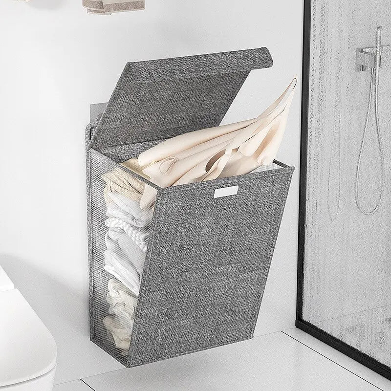 1Pc Foldable Adhesive Laundry Basket Hamper, Multifunctional Punch Free Wall Hanging Washing Clothes Mesh Hook Organizer
