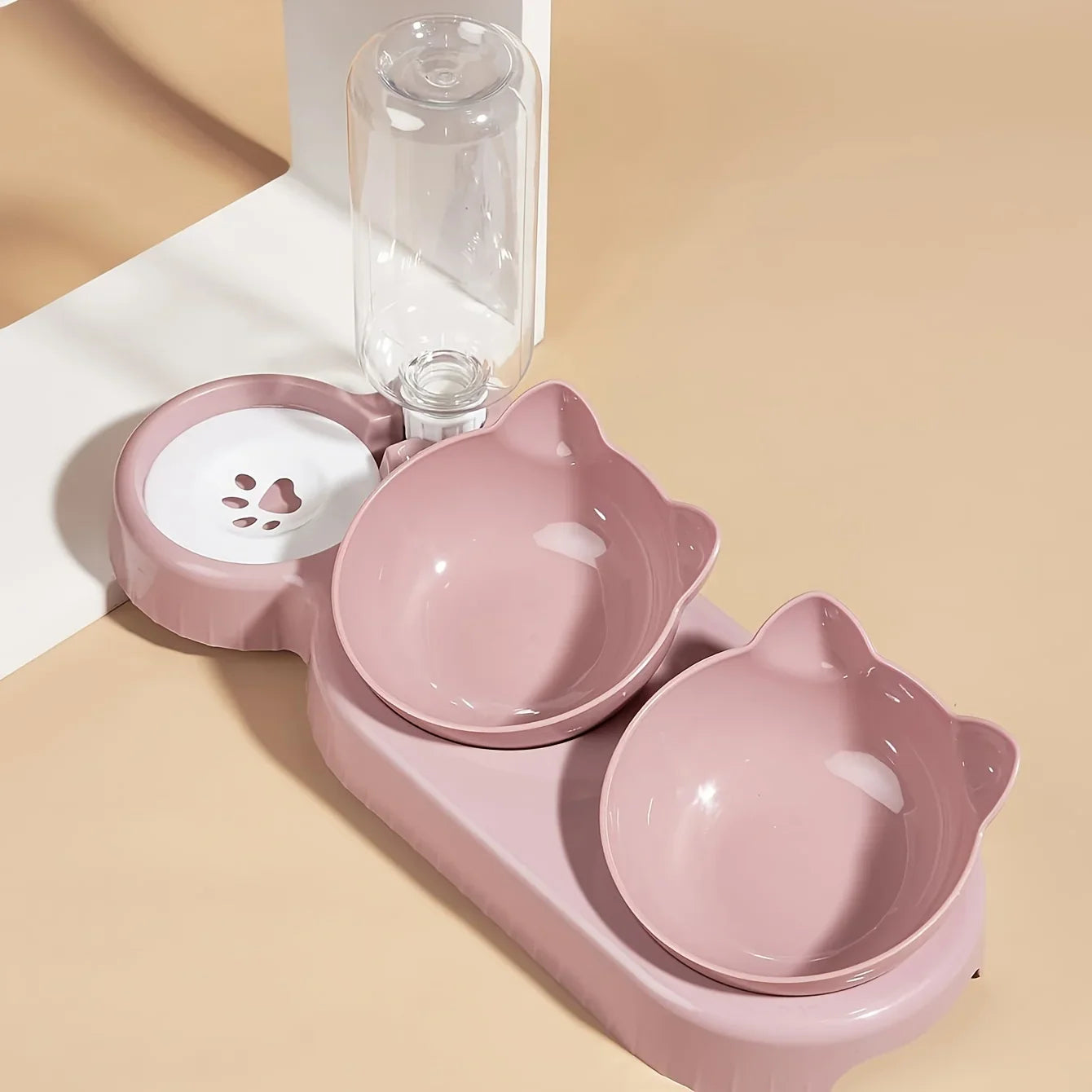 Pet Bowls with Water Feeder, 3 in 1 Ear Design Tilted Cat Water and Food Bowl Set with Gravity Water Bottle for Neck Protection