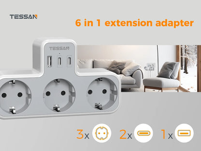 6-in-1 Wandsteckdose mit USB – 3-fach Steckdosenadapter mit 3 USB-Anschlüssen & Überspannungsschutz, Smartphone, Laptop & Haushalt