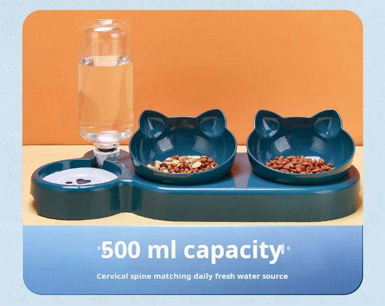 3-in-1 Katzennapf mit Wasserspender – Futterstation mit Neigungsdesign, Wirbelsäulenschutz & automatischer Wasserzufuhr