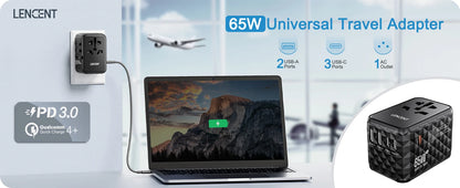 LENCENT 65W GaN Reiseadapter – Universal Ladegerät mit 2 USB & 3 USB-C, Schnellladegerät für Laptop, Smartphone & mehr