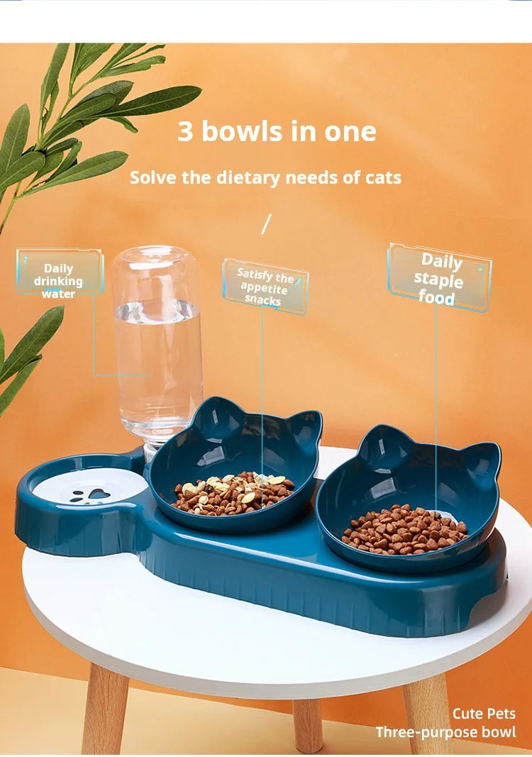 3-in-1 Katzennapf mit Wasserspender – Futterstation mit Neigungsdesign, Wirbelsäulenschutz & automatischer Wasserzufuhr