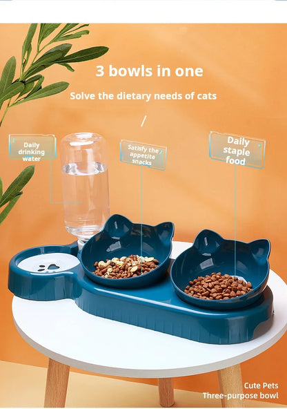 3-in-1 Katzennapf mit Wasserspender – Futterstation mit Neigungsdesign, Wirbelsäulenschutz & automatischer Wasserzufuhr