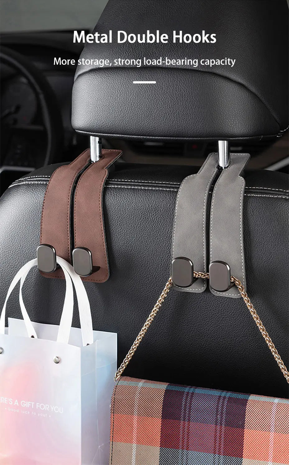 Auto-Kopfstützenhaken Doppelhaken aus Wildleder – Universal Organizer & Handyhalter, bis 20 kg belastbar für Taschen, Jacken & Einkäufe