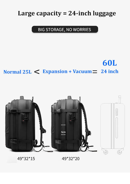 Reise-Laptop-Rucksack 17 Zoll mit Vakuum-Kompression – Erweiterbarer Business- & Schulrucksack bis 60L, wasserdicht, diebstahlsicher & TSA-Schloss