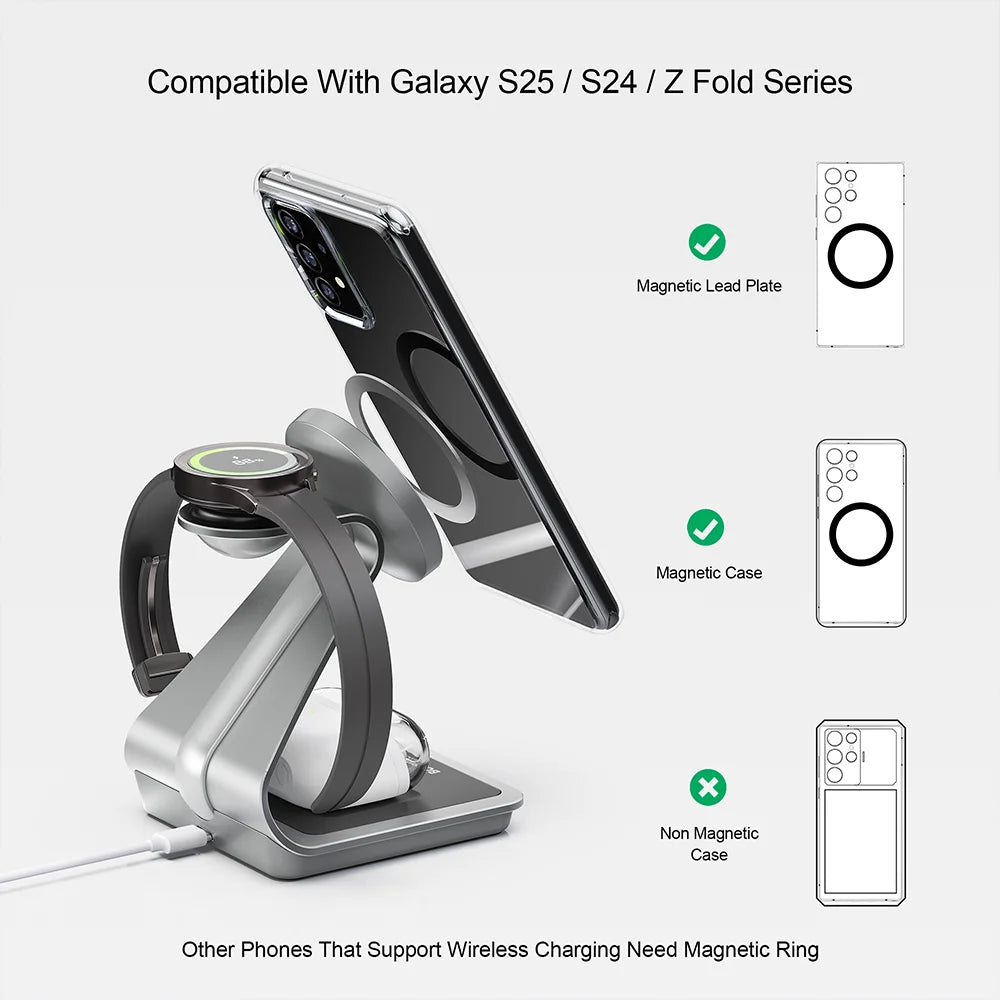 3-in-1 Kabelloses Ladegerät 15W – Wireless Ladestation für Samsung Galaxy S25/S24/S23, Watch & Buds, Schnellladen mit Aluminium-Design