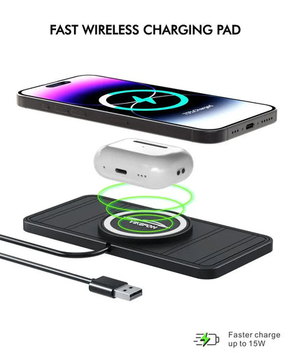 Kabelloses Ladepad Auto 15W – Rutschfestes Schnellladegerät mit Silikon-Halterung für iPhone, Samsung, Huawei & alle Qi-Geräte