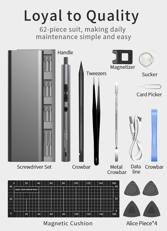 62-in-1 Akku Schraubendreher Set – Elektrischer Präzisions-Schraubenzieher mit LED, Magnetbits & Zubehör für Handy, Laptop & Uhren Reparatur
