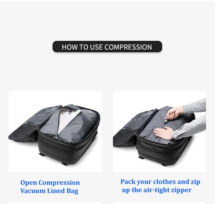 Reise-Laptop-Rucksack 17 Zoll mit Vakuum-Kompression – Erweiterbarer Business- & Schulrucksack bis 60L, wasserdicht, diebstahlsicher & TSA-Schloss