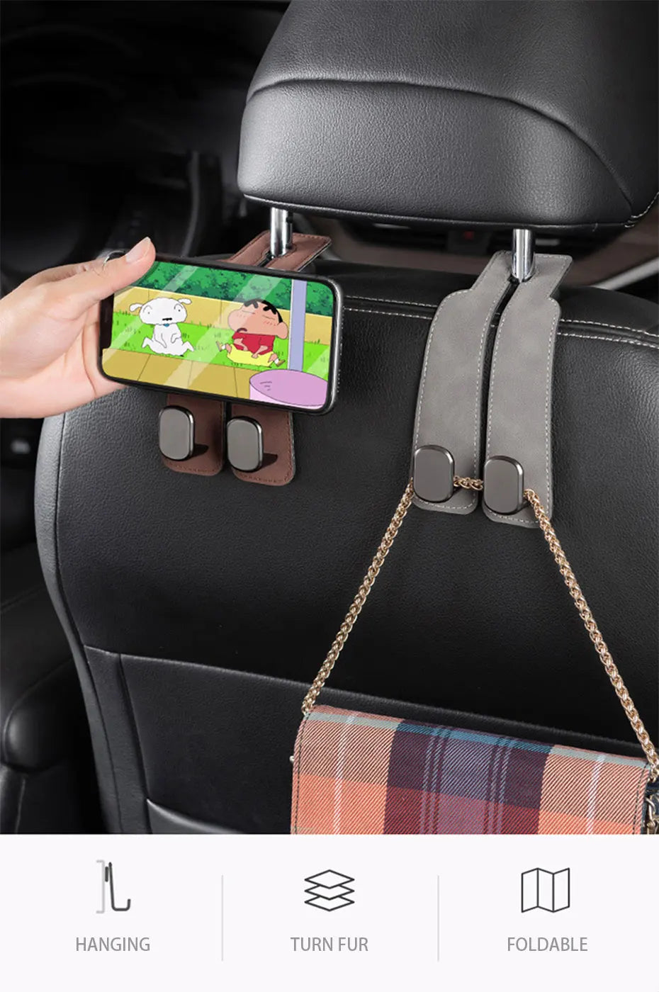 Auto-Kopfstützenhaken Doppelhaken aus Wildleder – Universal Organizer & Handyhalter, bis 20 kg belastbar für Taschen, Jacken & Einkäufe