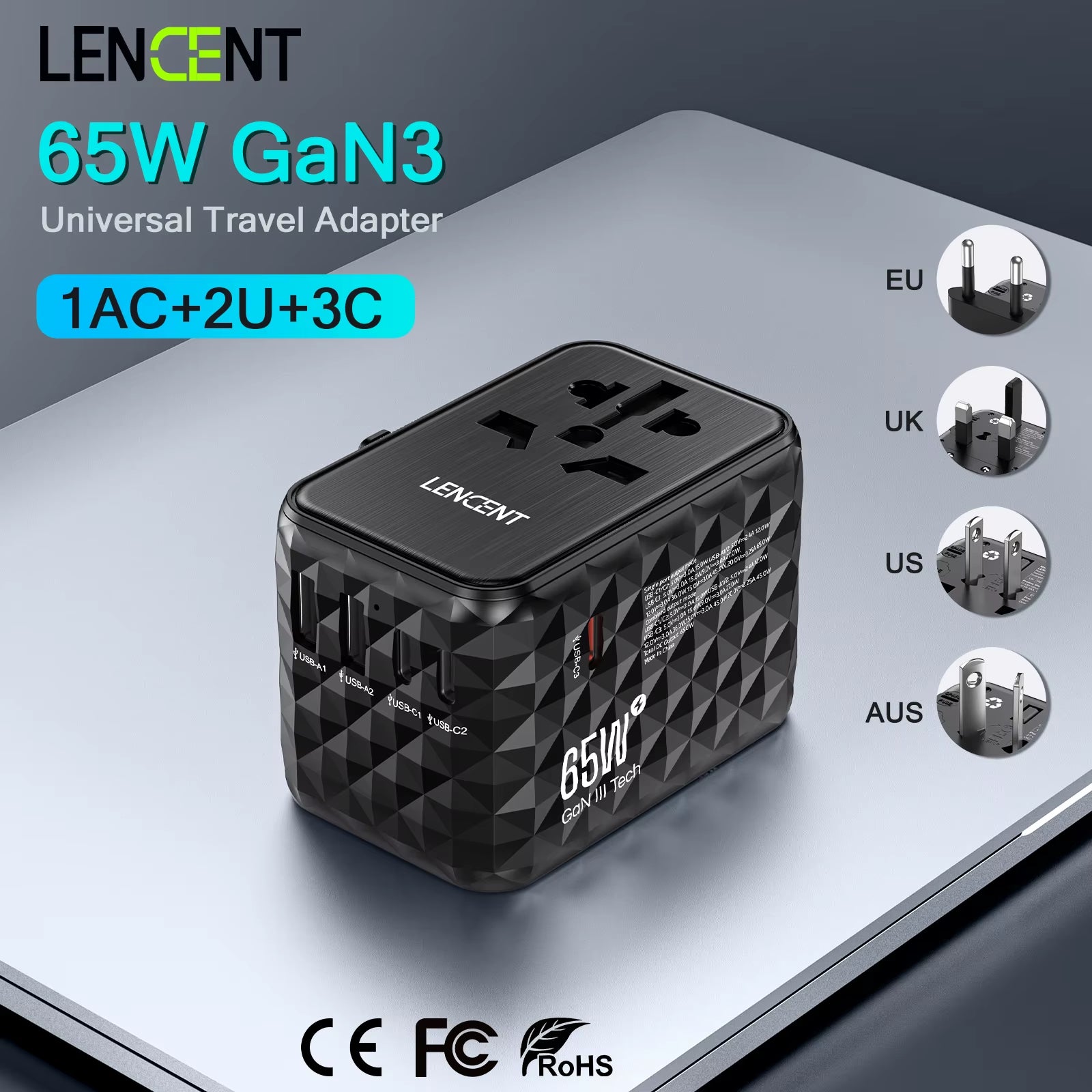 65W Gan Universal Travel Adapter with 2 USB 3 Type C Fast Charging All-In-One Travel Charger EU/UK/USA/AUS for Travel
