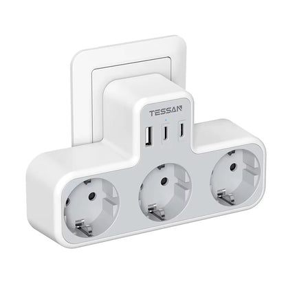 6-in-1 Wandsteckdose mit USB – 3-fach Steckdosenadapter mit 3 USB-Anschlüssen & Überspannungsschutz, Smartphone, Laptop & Haushalt