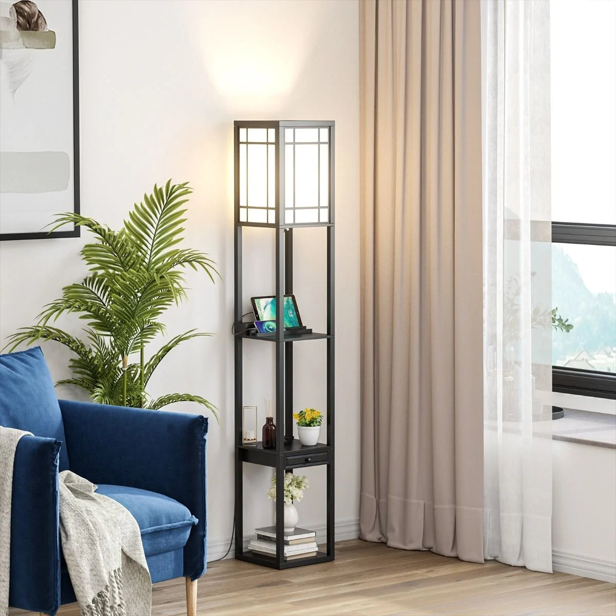Moderne Regal-Stehlampe Für Wohnzimmer Und Schlafzimmer 26 X 26 X 160,5 Cm Schwarz