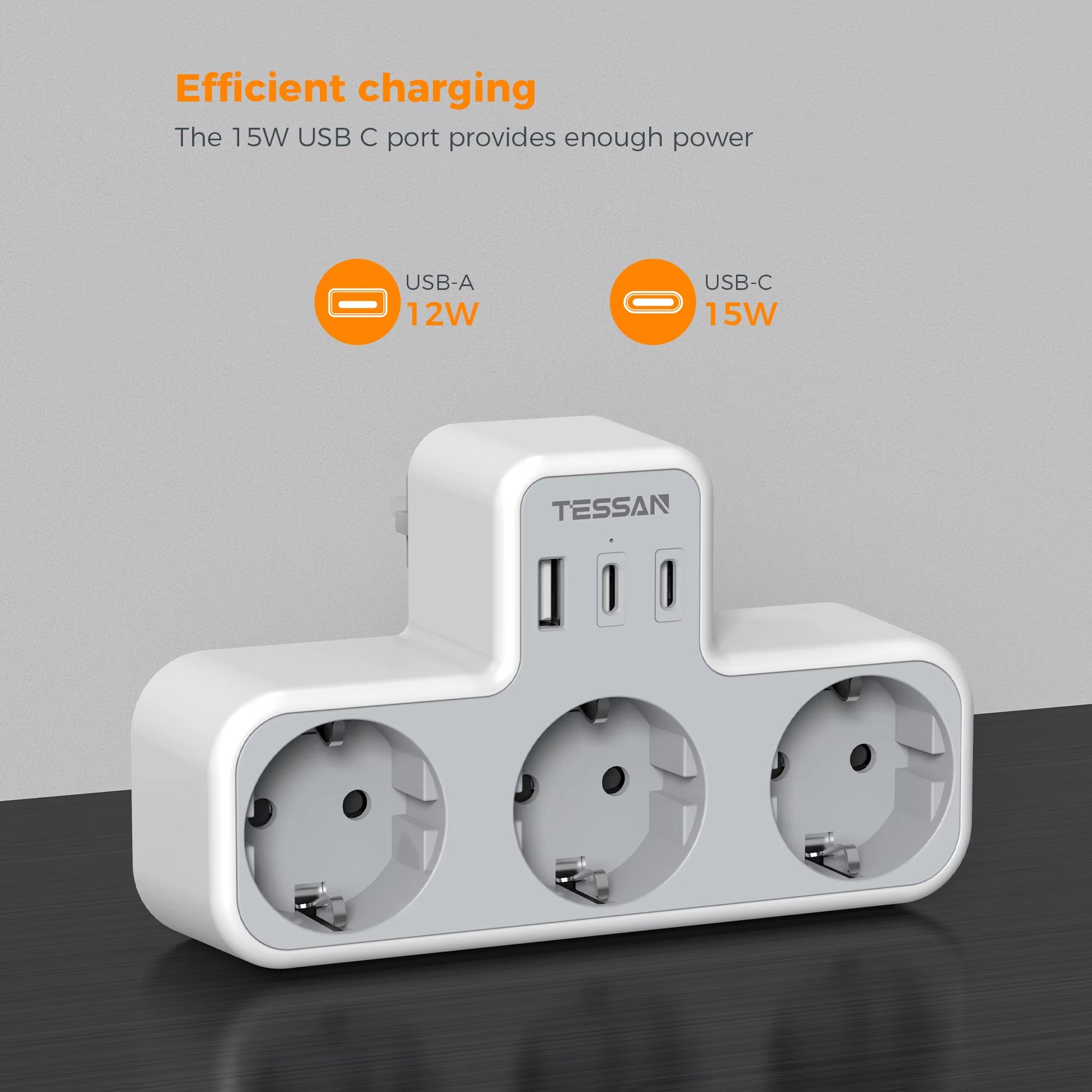 3 Way Wall Socket with USB Surge Protection 6-In-1 Wall Plug Adapter with 3 USB Ports for Smartphone Laptop Camera Travel