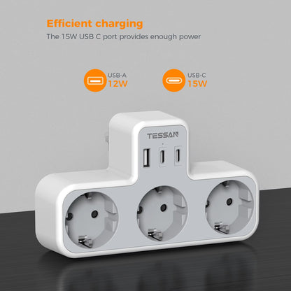 3 Way Wall Socket with USB Surge Protection 6-In-1 Wall Plug Adapter with 3 USB Ports for Smartphone Laptop Camera Travel