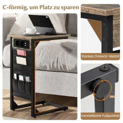 2Er Set C-Förmiger Beistelltisch Mit Ladestation & USB Anschlüssen & Seitentasche Nachttisch