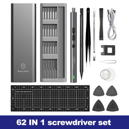 62-in-1 Akku Schraubendreher Set – Elektrischer Präzisions-Schraubenzieher mit LED, Magnetbits & Zubehör für Handy, Laptop & Uhren Reparatur