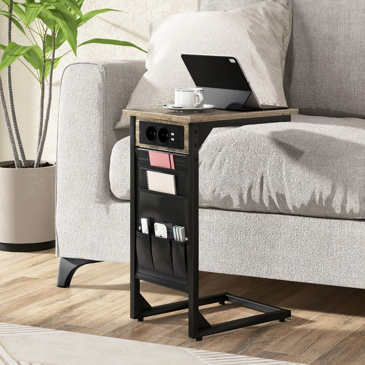 2Er Set C-Förmiger Beistelltisch Mit Ladestation & USB Anschlüssen & Seitentasche Nachttisch