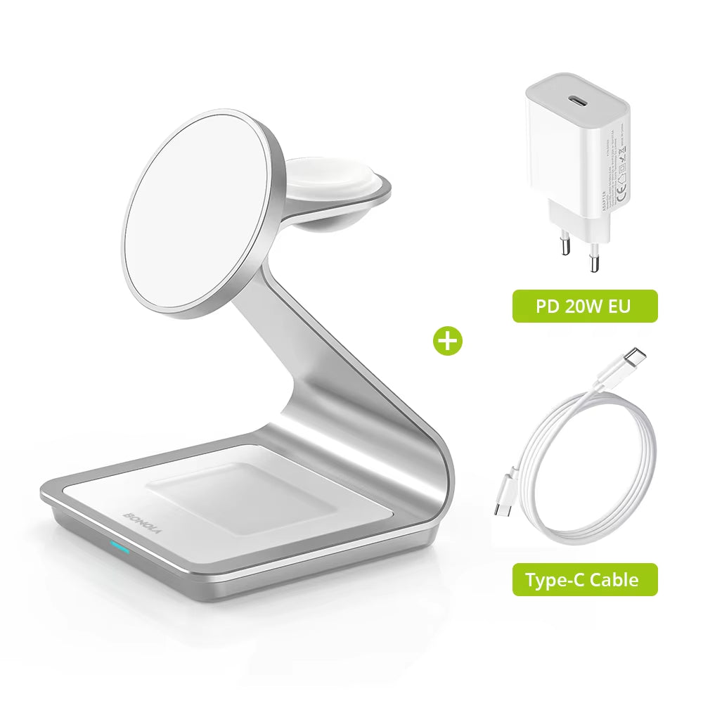 Magnetische 3-in-1 Wireless Ladestation 30W – MagSafe Ladegerät für iPhone, Apple Watch & AirPods, Schnellladegerät aus Aluminium mit USB-C