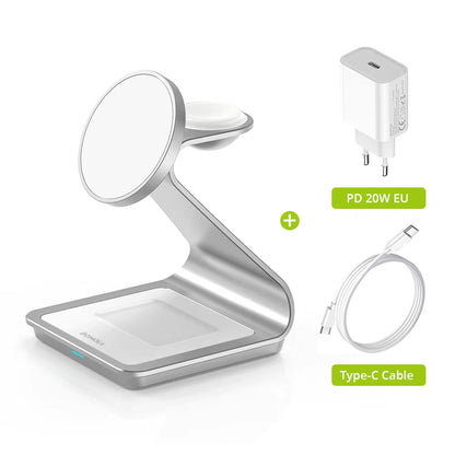 Magnetische 3-in-1 Wireless Ladestation 30W – MagSafe Ladegerät für iPhone, Apple Watch & AirPods, Schnellladegerät aus Aluminium mit USB-C
