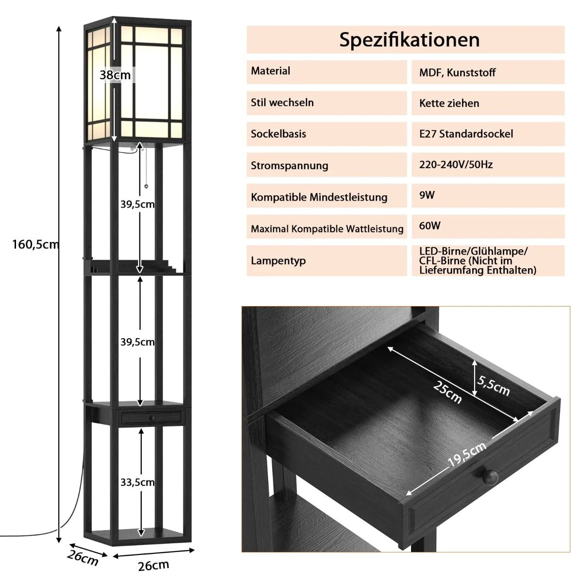 Moderne Regal-Stehlampe Für Wohnzimmer Und Schlafzimmer 26 X 26 X 160,5 Cm Schwarz